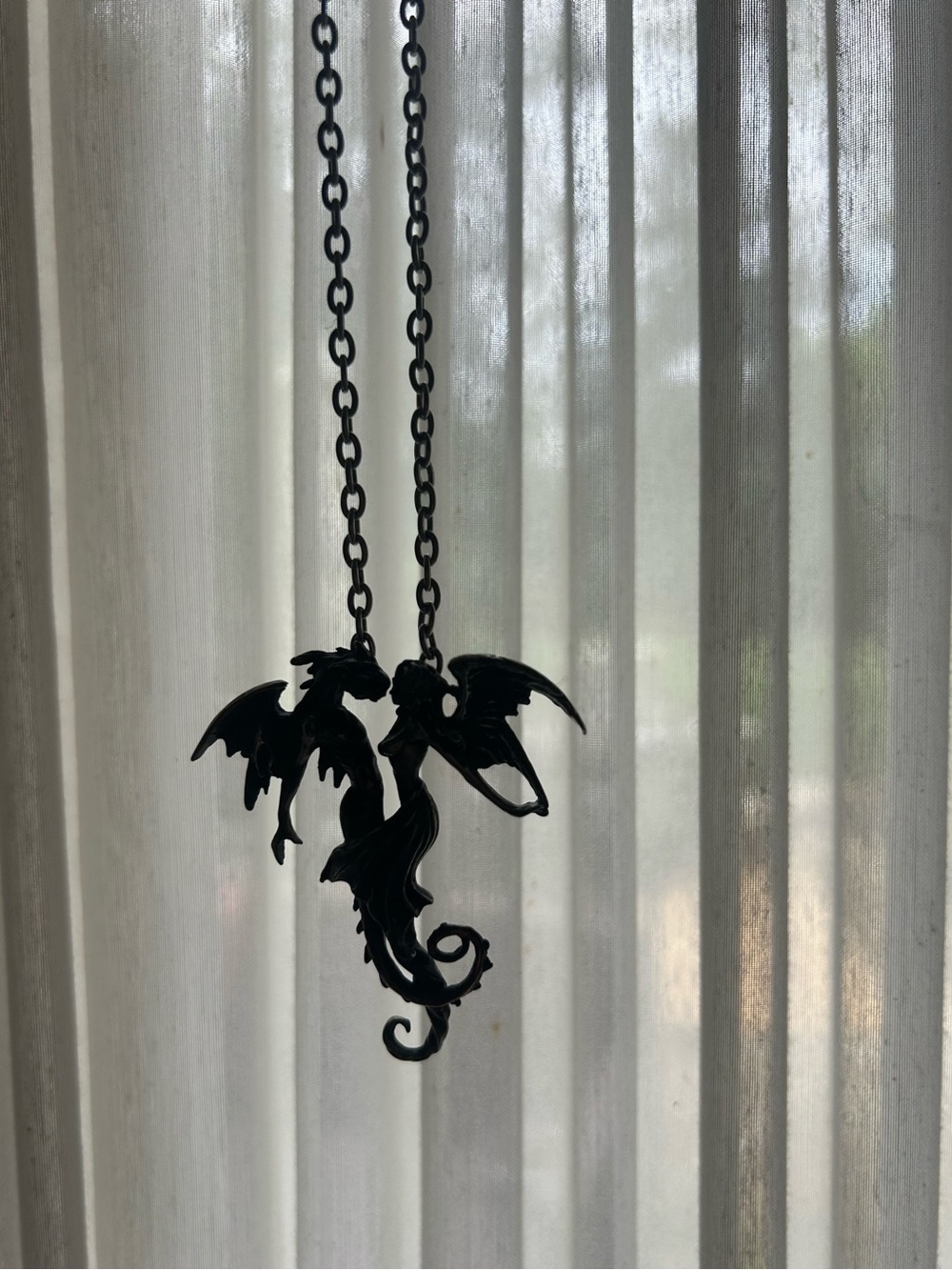 ANGEL & DRAGON DUAL PENDANT 2.5” and 10.5” Necklace Two-Tone Silver & Bronze - Picture 13 of 15